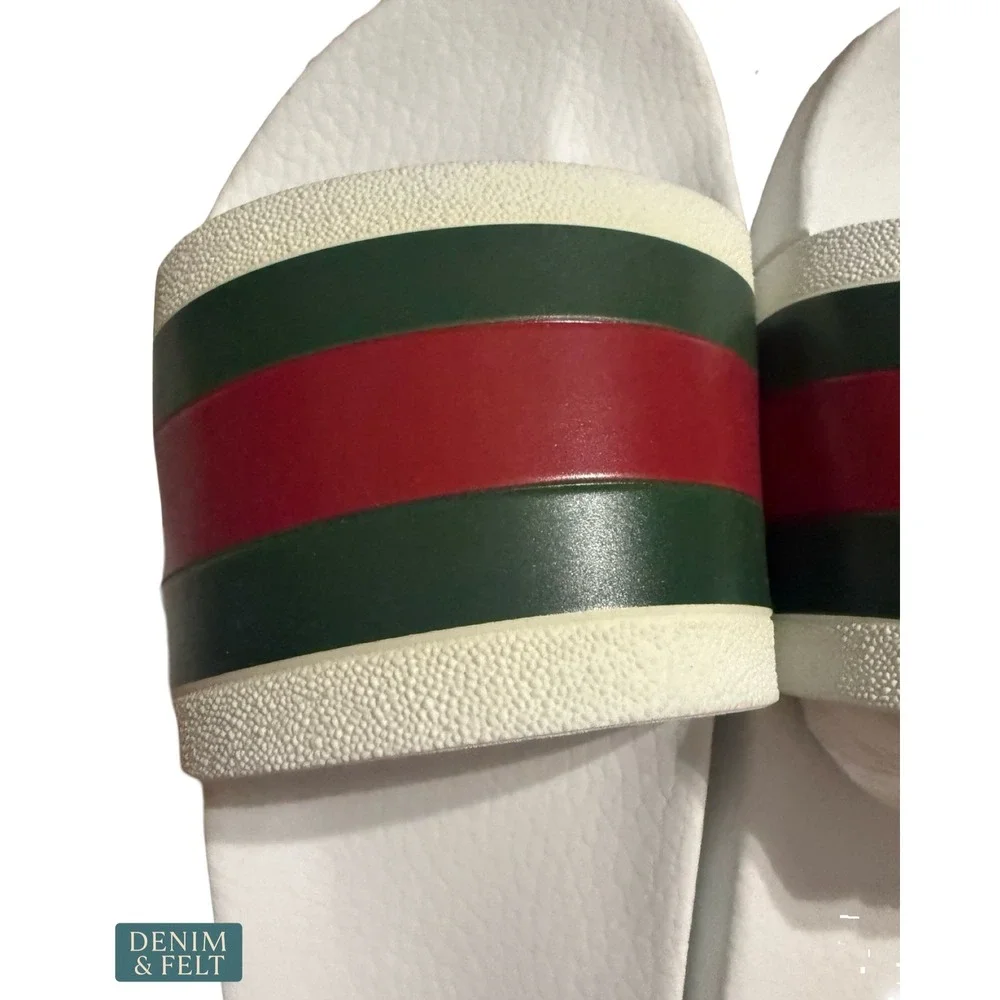 NEW Gucci Pursuit 72 Web Stripe Rubber Slide Sandals White Red Green Men's